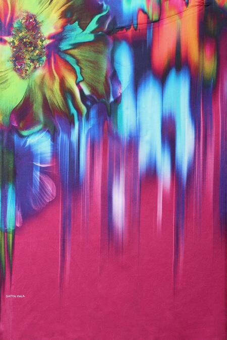 Satya Paul_Blue Satin, Georgette Astral Storm Print Saree With Running Blouse_at_Aza_Fashions