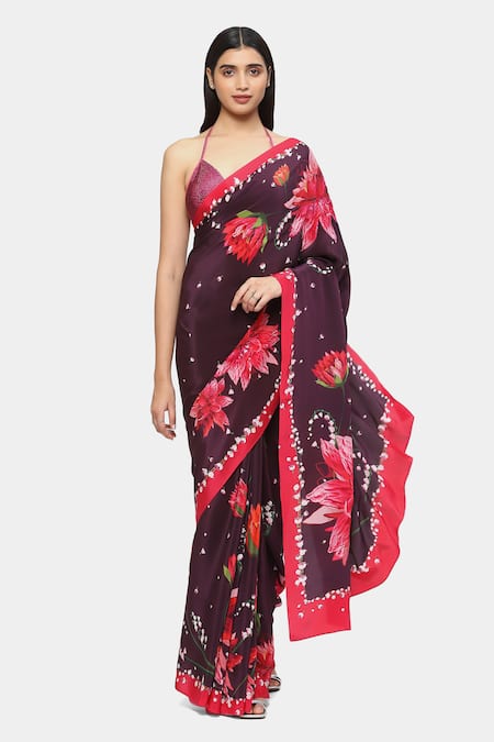 Satya Paul Scarlet Minuet Floral Print Saree With Running Blouse 