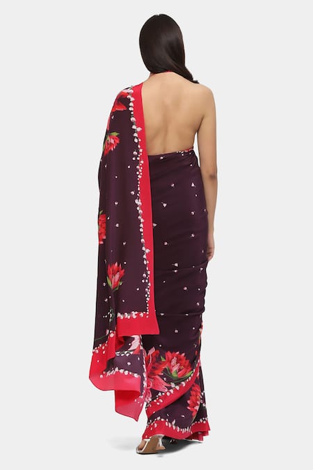 Shop_Satya Paul_Wine Crepe Scarlet Minuet Floral Print Saree With Running Blouse _at_Aza_Fashions
