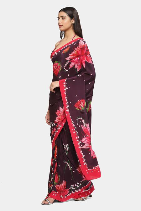 Satya Paul_Wine Crepe Scarlet Minuet Floral Print Saree With Running Blouse _Online_at_Aza_Fashions