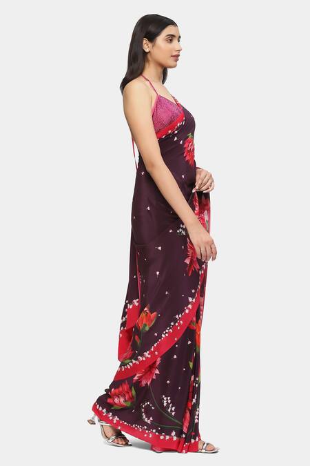 Buy_Satya Paul_Wine Crepe Scarlet Minuet Floral Print Saree With Running Blouse _Online_at_Aza_Fashions