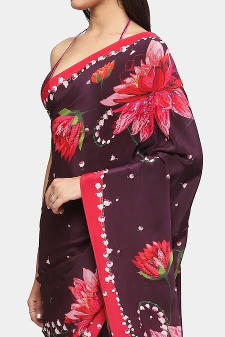 Shop_Satya Paul_Wine Crepe Scarlet Minuet Floral Print Saree With Running Blouse _Online_at_Aza_Fashions