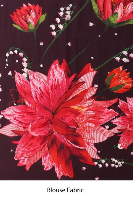 Satya Paul_Wine Crepe Scarlet Minuet Floral Print Saree With Running Blouse _at_Aza_Fashions