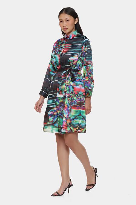 Satya Paul_Green Satin Collared Illusion Floral Print Dress _Online_at_Aza_Fashions