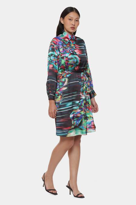 Buy_Satya Paul_Green Satin Collared Illusion Floral Print Dress _Online_at_Aza_Fashions