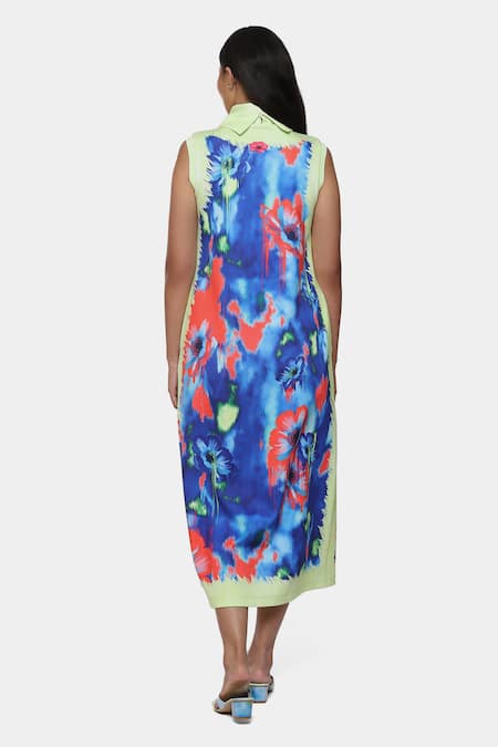 Shop_Satya Paul_Green Neoprene High Neck Athlete Abstract Print Dress _at_Aza_Fashions