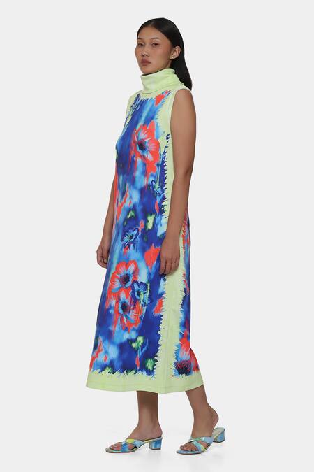 Satya Paul_Green Neoprene High Neck Athlete Abstract Print Dress _Online_at_Aza_Fashions