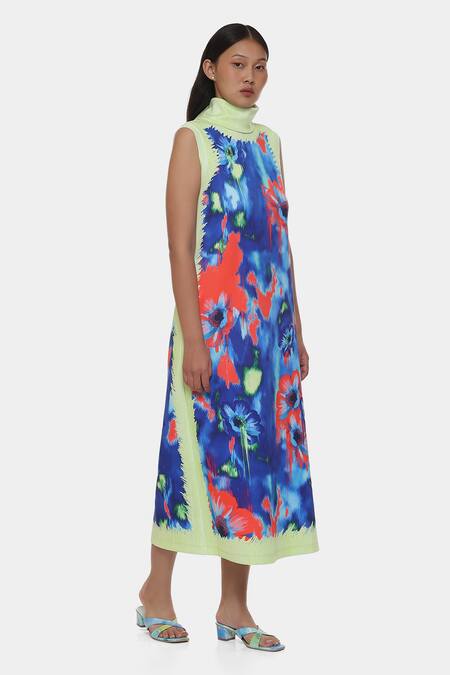 Buy_Satya Paul_Green Neoprene High Neck Athlete Abstract Print Dress _Online_at_Aza_Fashions