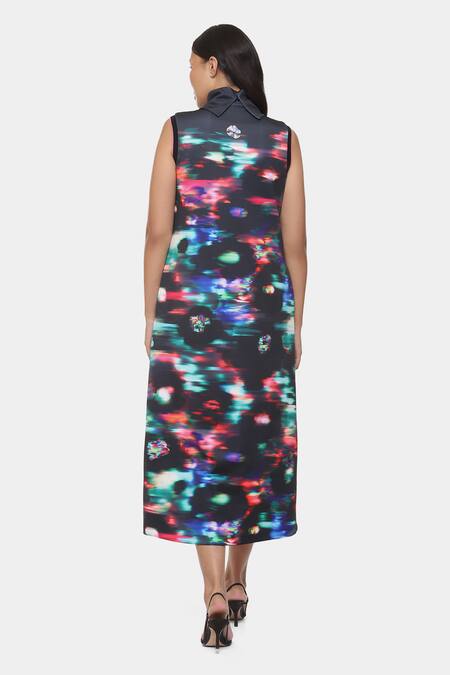 Shop Satya Paul Green Neoprene High Neck Abstract Print Dress at Aza Fashions Shop_Satya Paul_Green Neoprene High Neck Abstract Print Dress _at_Aza_Fashions