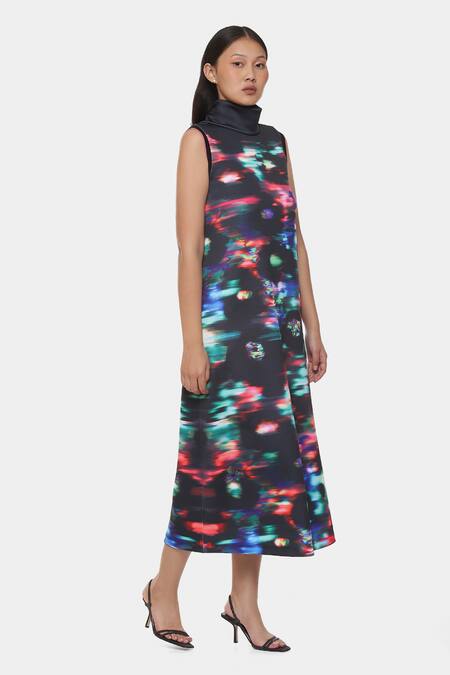 Satya Paul Green Neoprene High Neck Abstract Print Dress Online at Aza Fashions Satya Paul_Green Neoprene High Neck Abstract Print Dress _Online_at_Aza_Fashions
