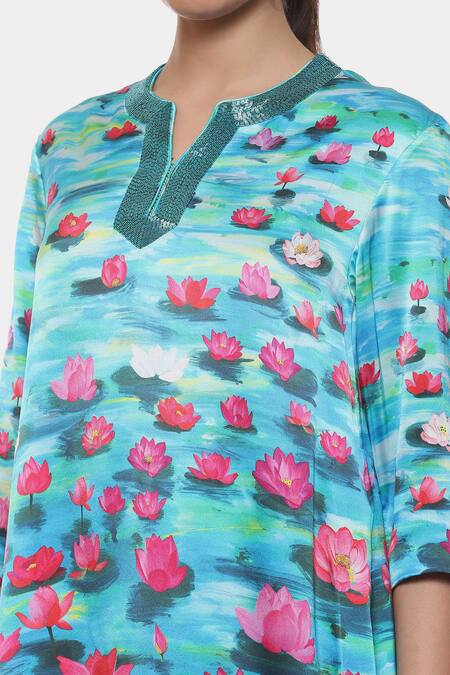 Shop_Satya Paul_Green Satin Print Lotus Notched Neck Kurta Pant Set _Online_at_Aza_Fashions