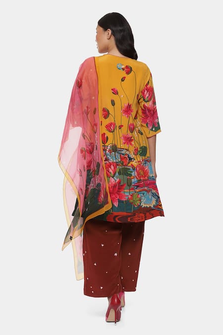 Shop_Satya Paul_Yellow Crepe Print Lilies Notched Neck Poetic Kurta Pant Set _at_Aza_Fashions