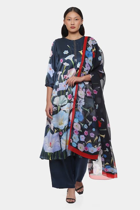 Satya Paul Blue Satin Print Floral Notched Neck Moonlight Kurta Pant Set 