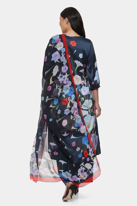 Shop_Satya Paul_Blue Satin, Chiffon Embroidery Split V-neck Moonlight Print Kurta Pant Set _at_Aza_Fashions