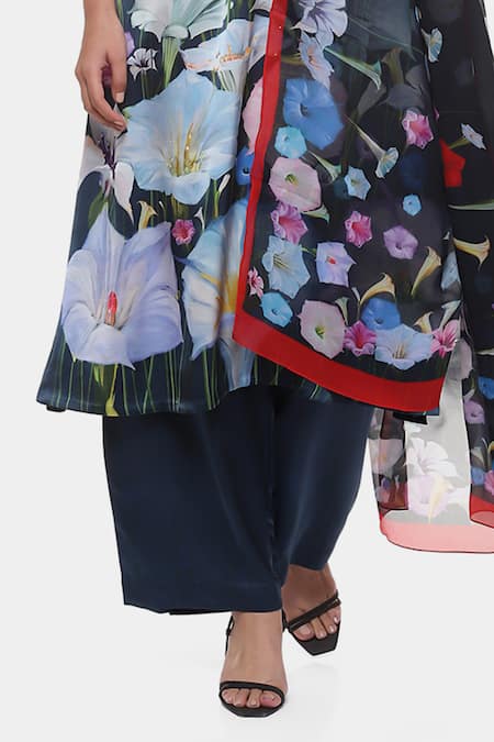 Satya Paul_Blue Satin, Chiffon Embroidery Split V-neck Moonlight Print Kurta Pant Set _Online_at_Aza_Fashions