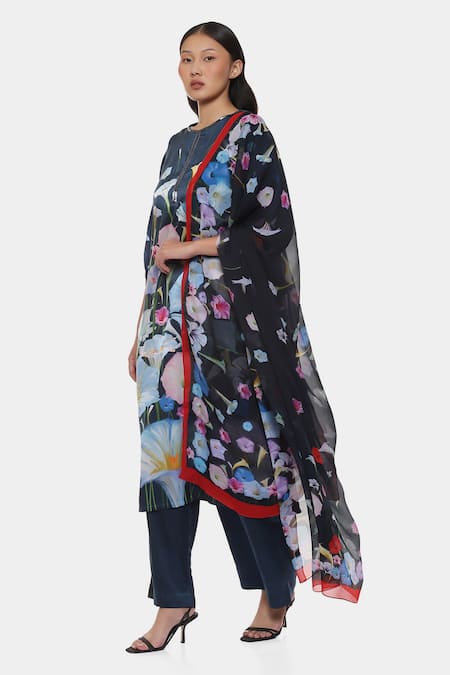 Buy_Satya Paul_Blue Satin, Chiffon Embroidery Split V-neck Moonlight Print Kurta Pant Set _Online_at_Aza_Fashions