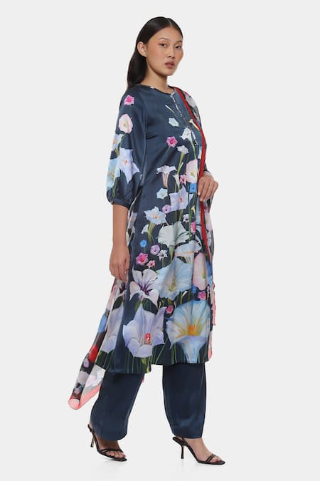 Shop_Satya Paul_Blue Satin, Chiffon Embroidery Split V-neck Moonlight Print Kurta Pant Set _Online_at_Aza_Fashions