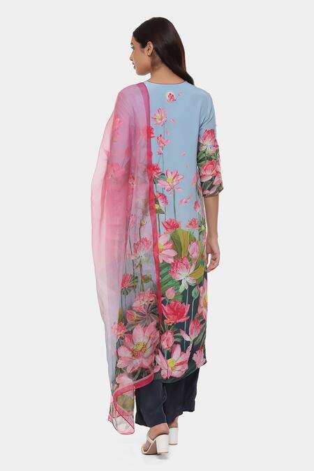 Shop_Satya Paul_Pink Crepe Embroidery Split V-neck Artsy Lotus Print Kurta Pant Set _at_Aza_Fashions