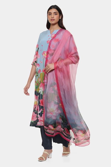 Buy_Satya Paul_Pink Crepe Embroidery Split V-neck Artsy Lotus Print Kurta Pant Set _Online_at_Aza_Fashions