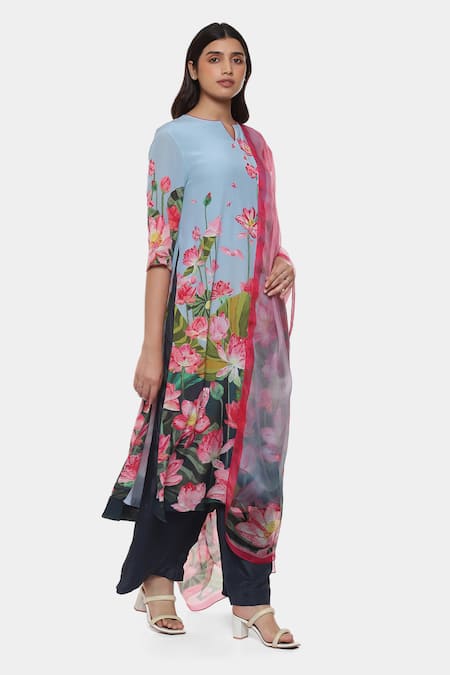 Shop_Satya Paul_Pink Crepe Embroidery Split V-neck Artsy Lotus Print Kurta Pant Set _Online_at_Aza_Fashions