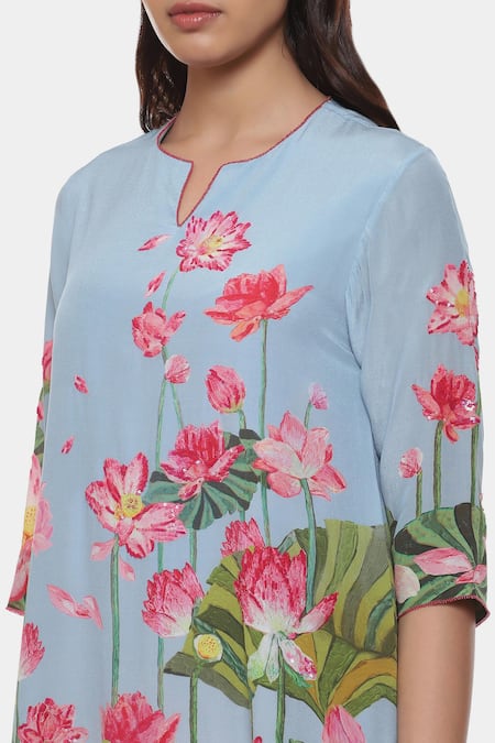 Satya Paul_Pink Crepe Embroidery Split V-neck Artsy Lotus Print Kurta Pant Set _at_Aza_Fashions