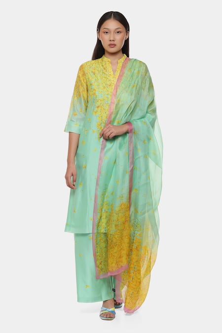 Satya Paul Green Chanderi Print Floral Notched Neck Kurta Pant Set 