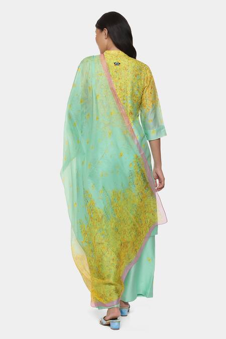 Shop Satya Paul Green Chanderi Split V-neck Floral Print Kurta Pant Set at Aza Fashions Shop_Satya Paul_Green Chanderi Split V-neck Floral Print Kurta Pant Set _at_Aza_Fashions