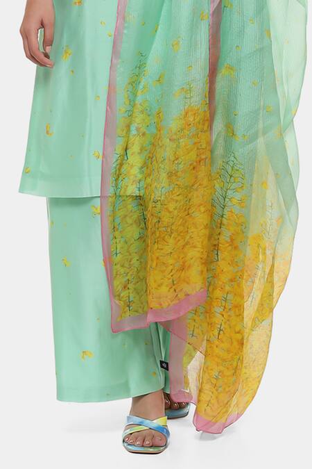 Satya Paul Green Chanderi Split V-neck Floral Print Kurta Pant Set Online at Aza Fashions Satya Paul_Green Chanderi Split V-neck Floral Print Kurta Pant Set _Online_at_Aza_Fashions
