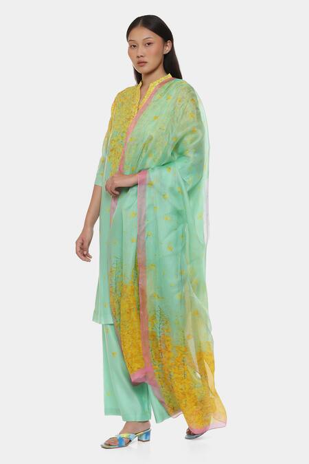 Buy Satya Paul Green Chanderi Split V-neck Floral Print Kurta Pant Set Online at Aza Fashions Buy_Satya Paul_Green Chanderi Split V-neck Floral Print Kurta Pant Set _Online_at_Aza_Fashions