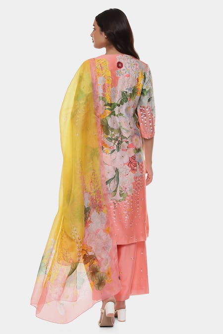 Shop_Satya Paul_Pink Chanderi Print Floral Love Kurta Pant Set _at_Aza_Fashions