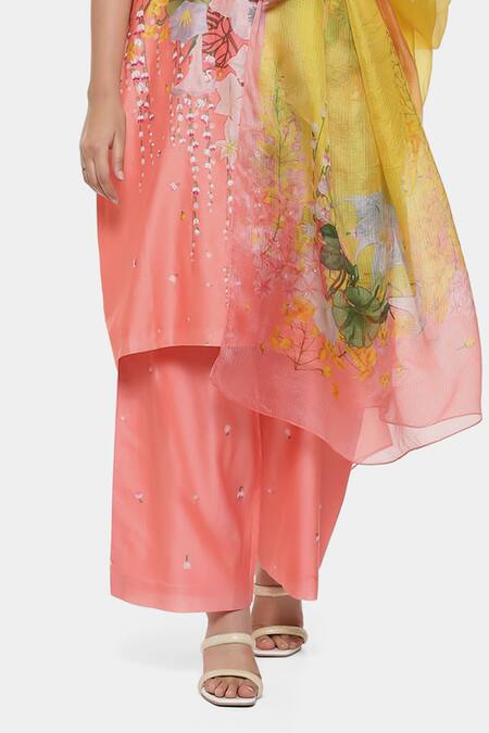 Satya Paul_Pink Chanderi Print Floral Love Kurta Pant Set _Online_at_Aza_Fashions