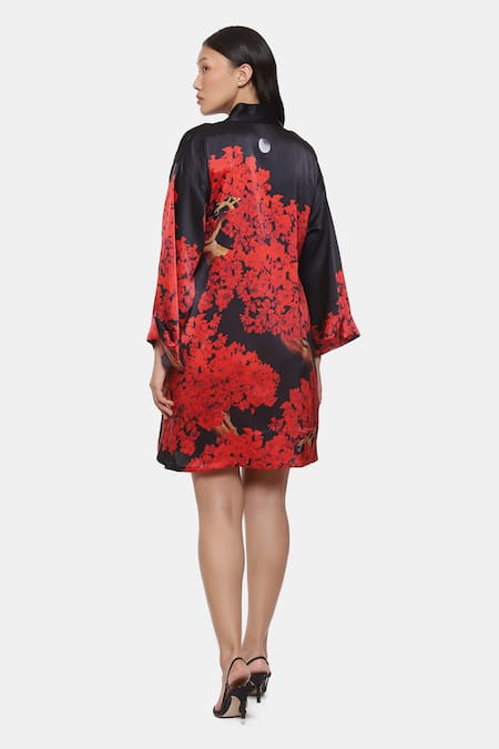 Shop_Satya Paul_Black Satin V-neck Floral Print Jacket Dress _at_Aza_Fashions
