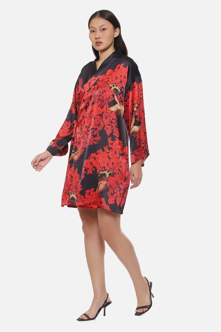 Satya Paul_Black Satin V-neck Floral Print Jacket Dress _Online_at_Aza_Fashions