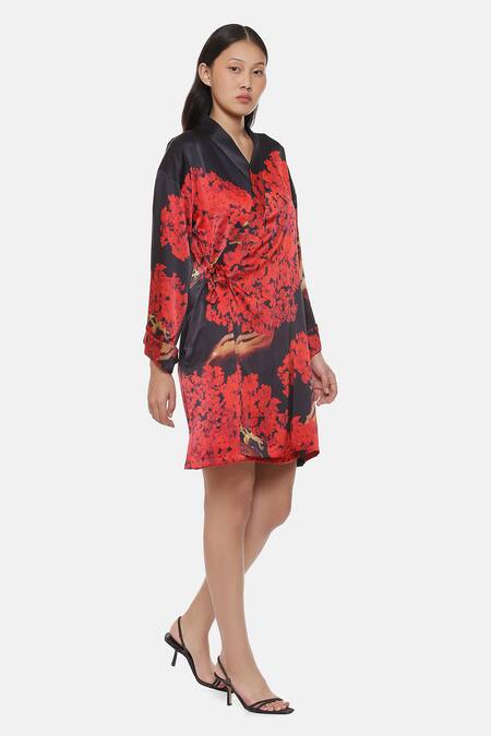 Buy_Satya Paul_Black Satin V-neck Floral Print Jacket Dress _Online_at_Aza_Fashions