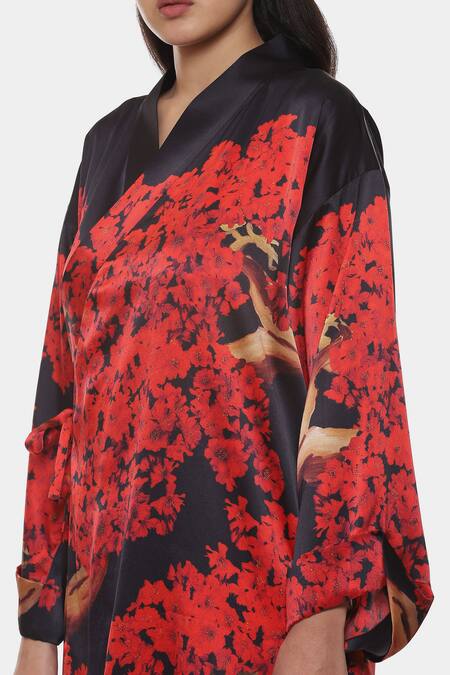 Shop_Satya Paul_Black Satin V-neck Floral Print Jacket Dress _Online_at_Aza_Fashions