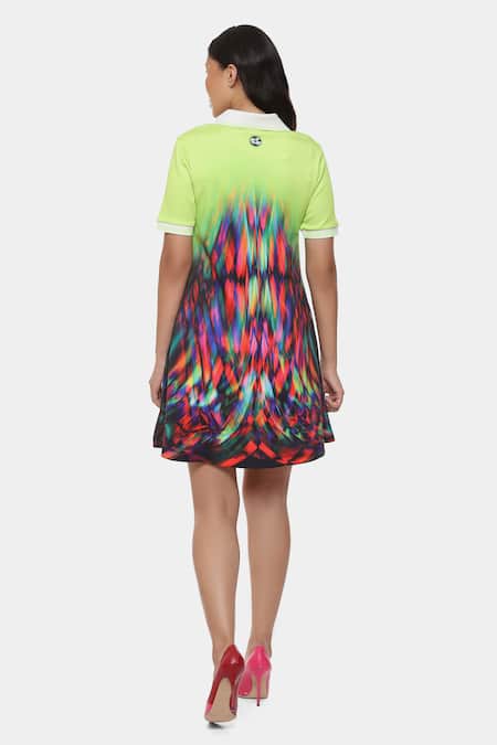 Shop_Satya Paul_Green Neoprene Collared Illusion Print Dress _at_Aza_Fashions