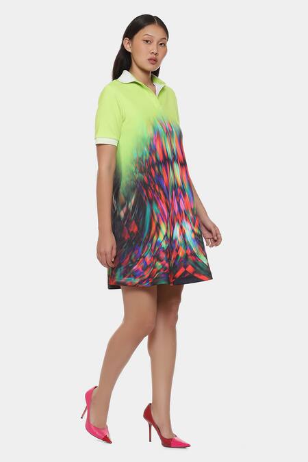 Buy_Satya Paul_Green Neoprene Collared Illusion Print Dress _Online_at_Aza_Fashions