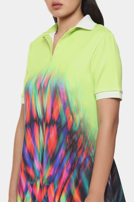 Shop_Satya Paul_Green Neoprene Collared Illusion Print Dress _Online_at_Aza_Fashions