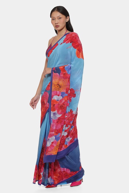 Satya Paul Blue Crepe Phulkari Saree With Running Blouse Online at Aza Fashions Satya Paul_Blue Crepe Phulkari Saree With Running Blouse _Online_at_Aza_Fashions