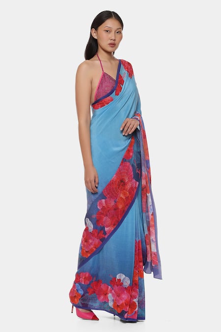 Buy Satya Paul Blue Crepe Phulkari Saree With Running Blouse Online at Aza Fashions Buy_Satya Paul_Blue Crepe Phulkari Saree With Running Blouse _Online_at_Aza_Fashions