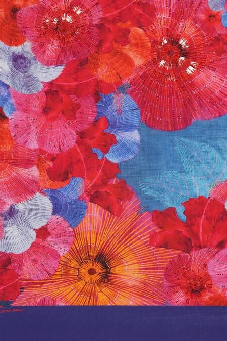 Satya Paul Blue Crepe Phulkari Saree With Running Blouse at Aza Fashions Satya Paul_Blue Crepe Phulkari Saree With Running Blouse _at_Aza_Fashions