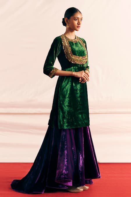 Mimamsaa_Green Silk, Velvet, Tissue Sequins, Embroidery Round Aagya Kurta Gharara Set _Online_at_Aza_Fashions