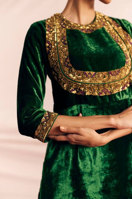 Shop_Mimamsaa_Green Silk, Velvet, Tissue Sequins, Embroidery Round Aagya Kurta Gharara Set _Online_at_Aza_Fashions