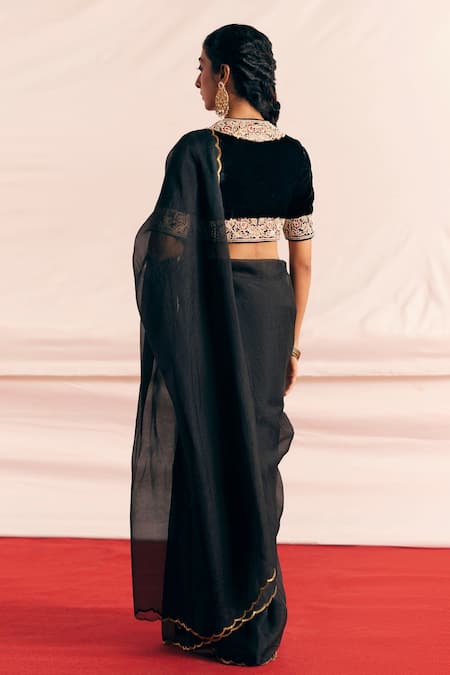 Shop Mimamsaa Black Saree Silk Organza Embroidered Applique Ajooni Blouse And Set at Aza Fashions Shop_Mimamsaa_Black Saree Silk Organza Embroidered Applique Ajooni Blouse And Set _at_Aza_Fashions