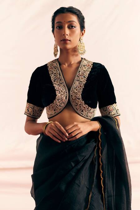 Shop Mimamsaa Black Saree Silk Organza Embroidered Applique Ajooni Blouse And Set Online at Aza Fashions Shop_Mimamsaa_Black Saree Silk Organza Embroidered Applique Ajooni Blouse And Set _Online_at_Aza_Fashions