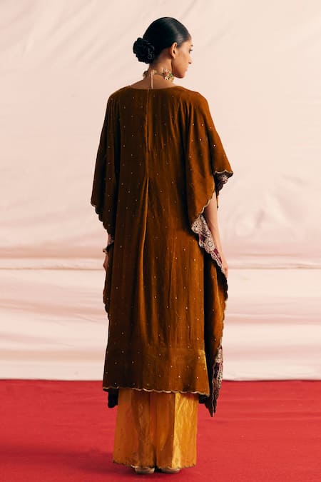 Shop Mimamsaa Yellow Silk Velvet Embroidered And Woven Avleen Kaftan & Pant Set at Aza Fashions Shop_Mimamsaa_Yellow Silk Velvet Embroidered And Woven Avleen Kaftan & Pant Set _at_Aza_Fashions