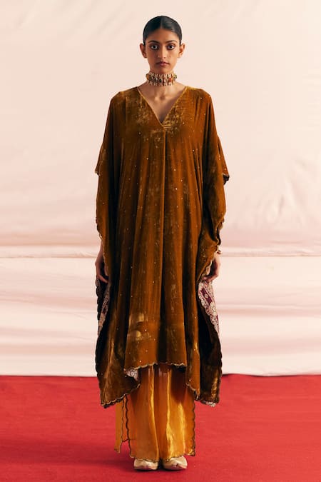 Mimamsaa Yellow Silk Velvet Embroidered And Woven Avleen Kaftan & Pant Set Online at Aza Fashions Mimamsaa_Yellow Silk Velvet Embroidered And Woven Avleen Kaftan & Pant Set _Online_at_Aza_Fashions