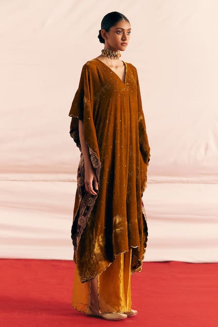 Buy Mimamsaa Yellow Silk Velvet Embroidered And Woven Avleen Kaftan & Pant Set Online at Aza Fashions Buy_Mimamsaa_Yellow Silk Velvet Embroidered And Woven Avleen Kaftan & Pant Set _Online_at_Aza_Fashions