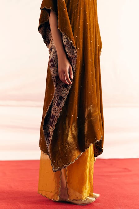 Shop Mimamsaa Yellow Silk Velvet Embroidered And Woven Avleen Kaftan & Pant Set Online at Aza Fashions Shop_Mimamsaa_Yellow Silk Velvet Embroidered And Woven Avleen Kaftan & Pant Set _Online_at_Aza_Fashions