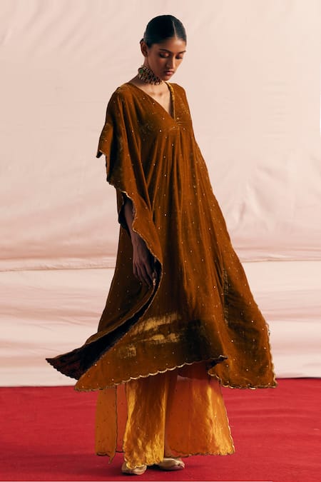 Mimamsaa Yellow Silk Velvet Embroidered And Woven Avleen Kaftan & Pant Set at Aza Fashions Mimamsaa_Yellow Silk Velvet Embroidered And Woven Avleen Kaftan & Pant Set _at_Aza_Fashions